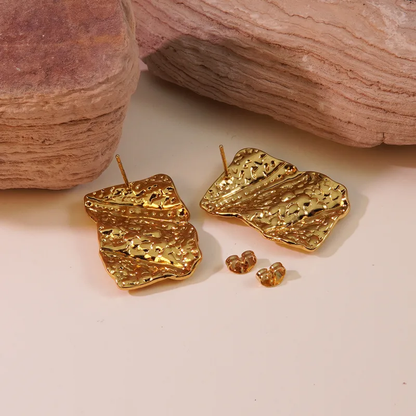 Textured Gold Plated Rectangle Stud Earrings, Stainless Steel, Waterproof