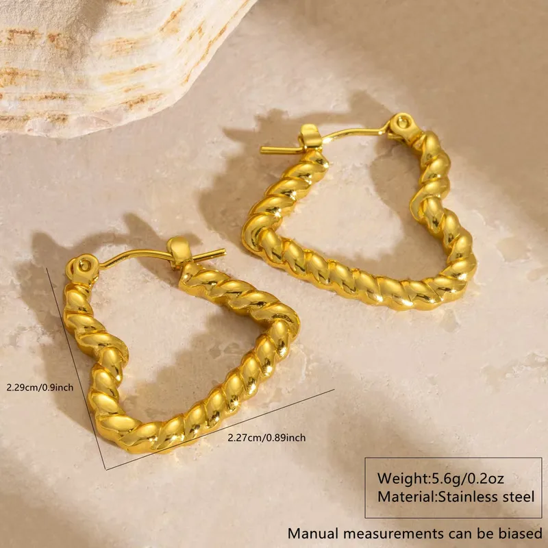 Rope Open Heart Hoop Earrings, 18K Gold Plated Stainless Steel, Waterproof