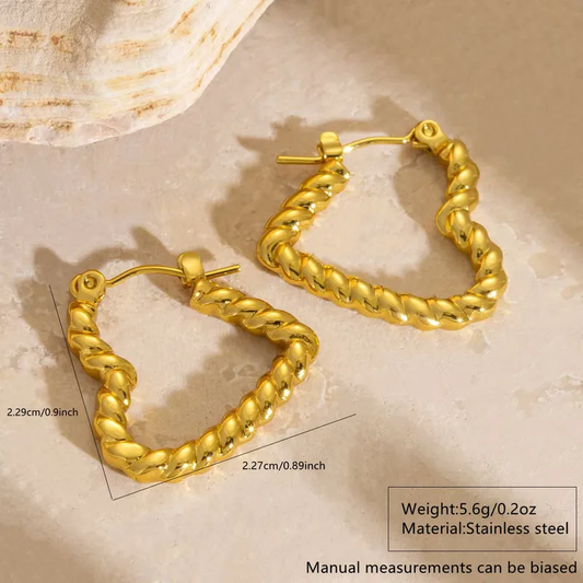 Rope Open Heart Hoop Earrings, 18K Gold Plated Stainless Steel, Waterproof