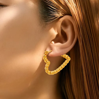 Rope Open Heart Hoop Earrings, 18K Gold Plated Stainless Steel, Waterproof