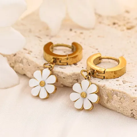 Daisy Huggie Hoop Earrings, 18K Gold Plated, Stainless Steel