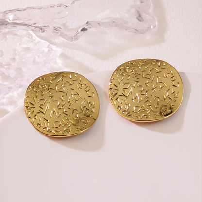 Round Button Engraved Stud Earrings, 18K Gold Plated, Stainless Steel
