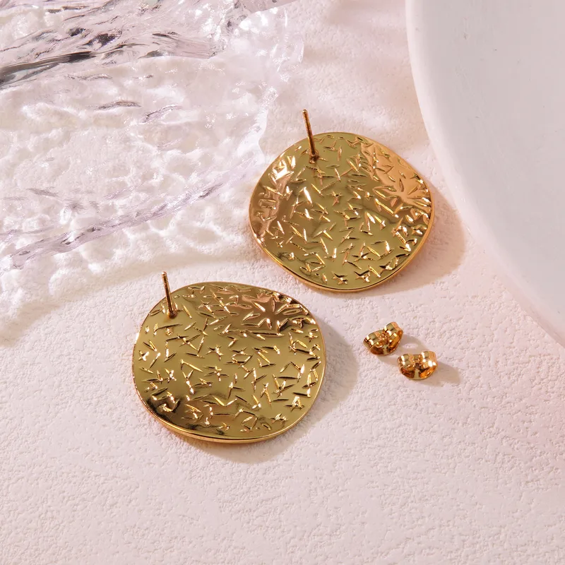 Round Button Engraved Stud Earrings, 18K Gold Plated, Stainless Steel