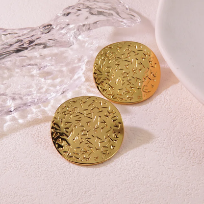 Round Button Engraved Stud Earrings, 18K Gold Plated, Stainless Steel