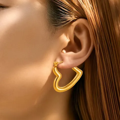 Heart Open Hoop Earrings, 18K Gold Plated Stainless Steel, Waterproof
