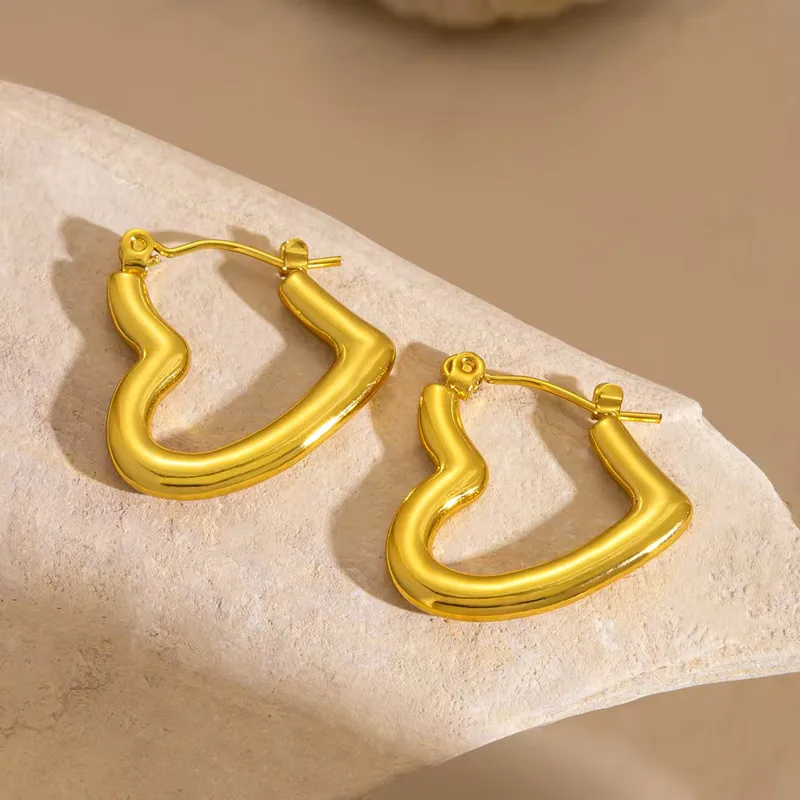 Heart Open Hoop Earrings, 18K Gold Plated Stainless Steel, Waterproof