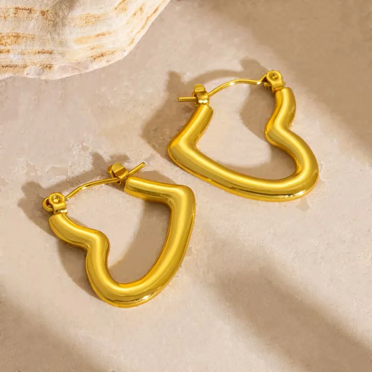Heart Open Hoop Earrings, 18K Gold Plated Stainless Steel, Waterproof