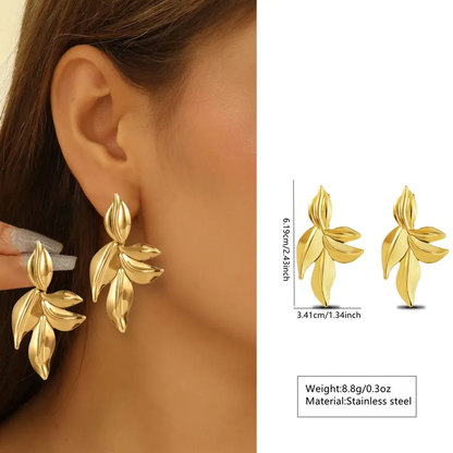 Statement Leaf Earrings, 18K Gold Plated, Stainless Steel