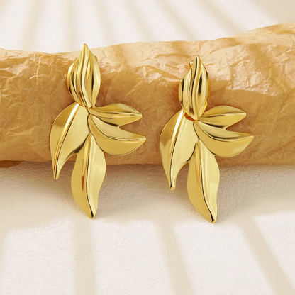 Statement Leaf Earrings, 18K Gold Plated, Stainless Steel