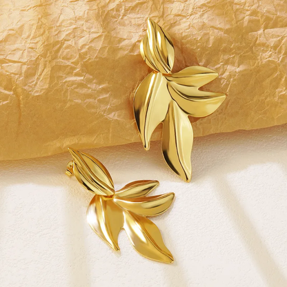 Statement Leaf Earrings, 18K Gold Plated, Stainless Steel