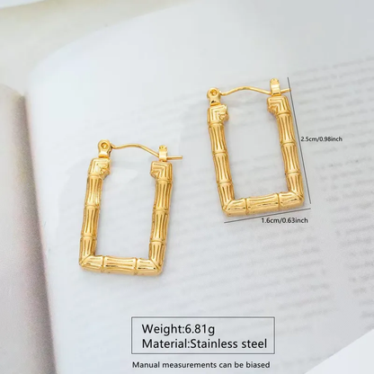Rectangle Bamboo Hoop Earrings, Stainless Steel, Waterproof