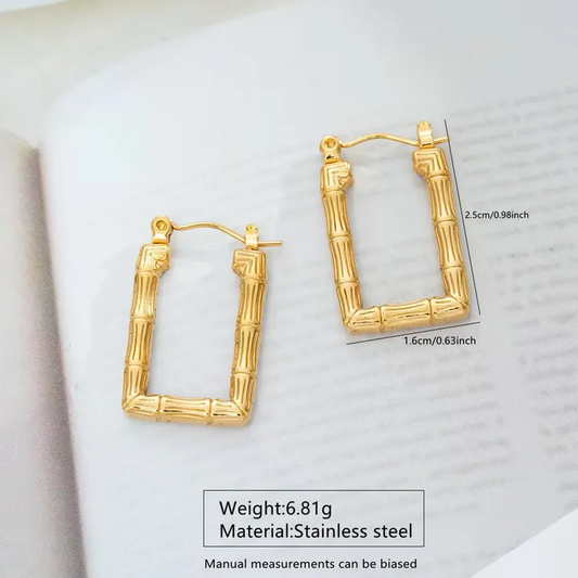 Rectangle Bamboo Hoop Earrings, Stainless Steel, Waterproof