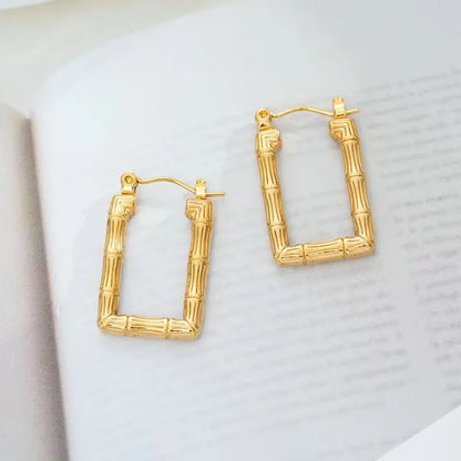 Rectangle Bamboo Hoop Earrings, Stainless Steel, Waterproof