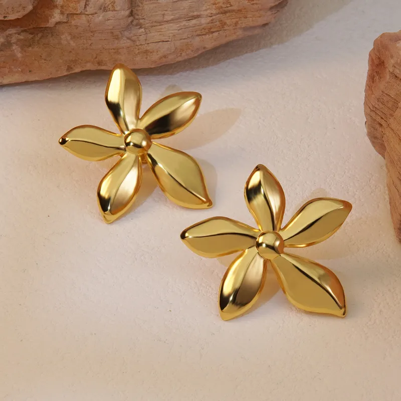 Flower Gold Plated Earrings, Stainless Steel, Waterproof, Hypoallergenic