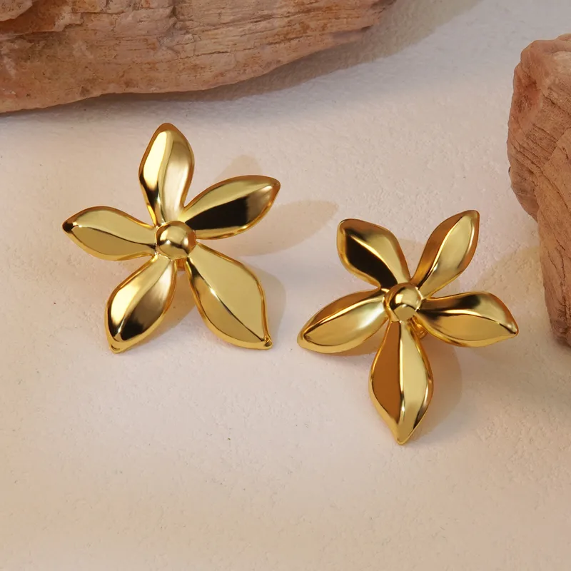 Flower Gold Plated Earrings, Stainless Steel, Waterproof, Hypoallergenic