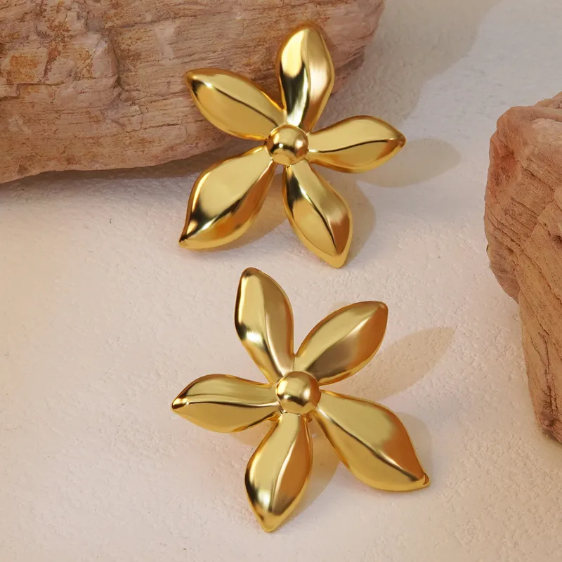 Flower Gold Plated Earrings, Stainless Steel, Waterproof, Hypoallergenic