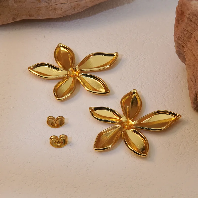 Flower Gold Plated Earrings, Stainless Steel, Waterproof, Hypoallergenic