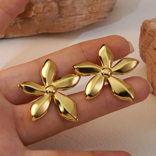 Flower Gold Plated Earrings, Stainless Steel, Waterproof, Hypoallergenic