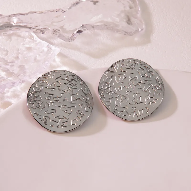 Silver Plated Round Button Engraved Stud Earrings, Waterproof