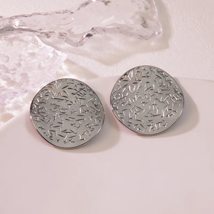 Silver Plated Round Button Engraved Stud Earrings, Waterproof