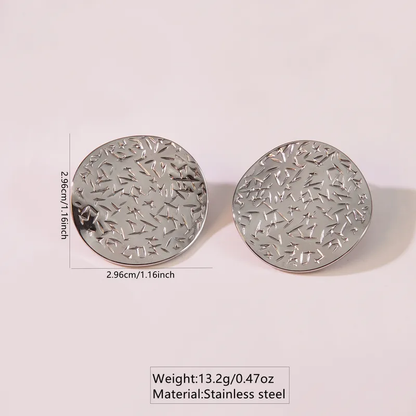 Silver Plated Round Button Engraved Stud Earrings, Waterproof