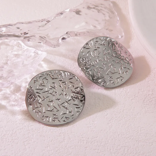 Silver Plated Round Button Engraved Stud Earrings, Waterproof