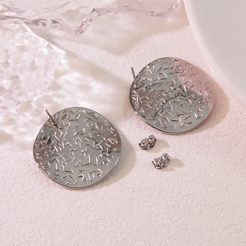 Silver Plated Round Button Engraved Stud Earrings, Waterproof