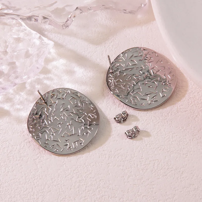 Silver Plated Round Button Engraved Stud Earrings, Waterproof