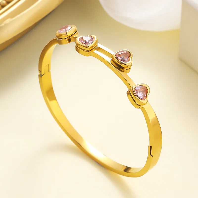 Pink Heart Zircon Bangle,  18K Gold Plated, Stainless Steel