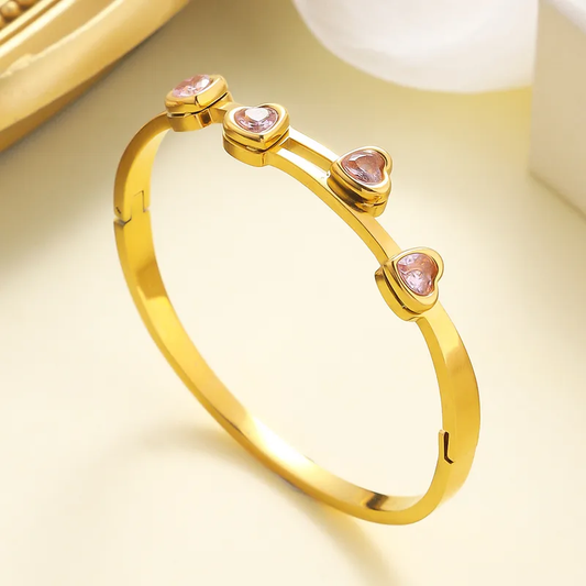 Pink Heart Zircon Bangle,  18K Gold Plated, Stainless Steel