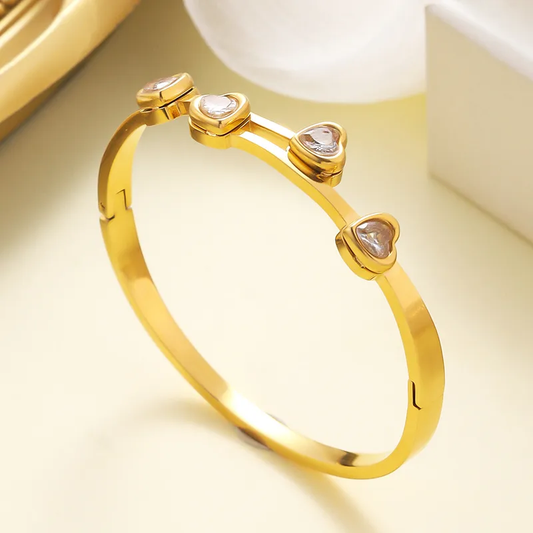 Diamond Heart Zircon Bangle, 18K Gold Plated, Stainless Steel