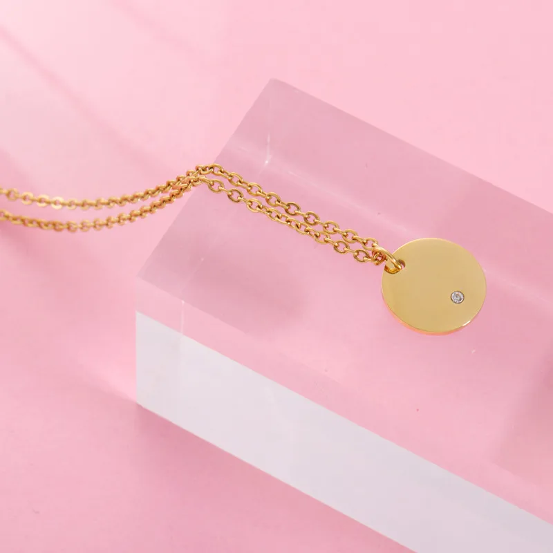 Personalised Zircon Disc Necklace, Engraved Round Diamond Pendant, Customised Gold Silver Necklace Gift for Her