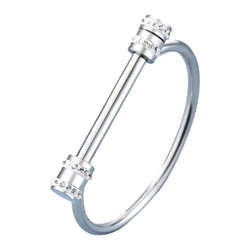 T-Bar Silver Bangle, Zircon Cuff Bangle, Silver Plated, Stainless Steel