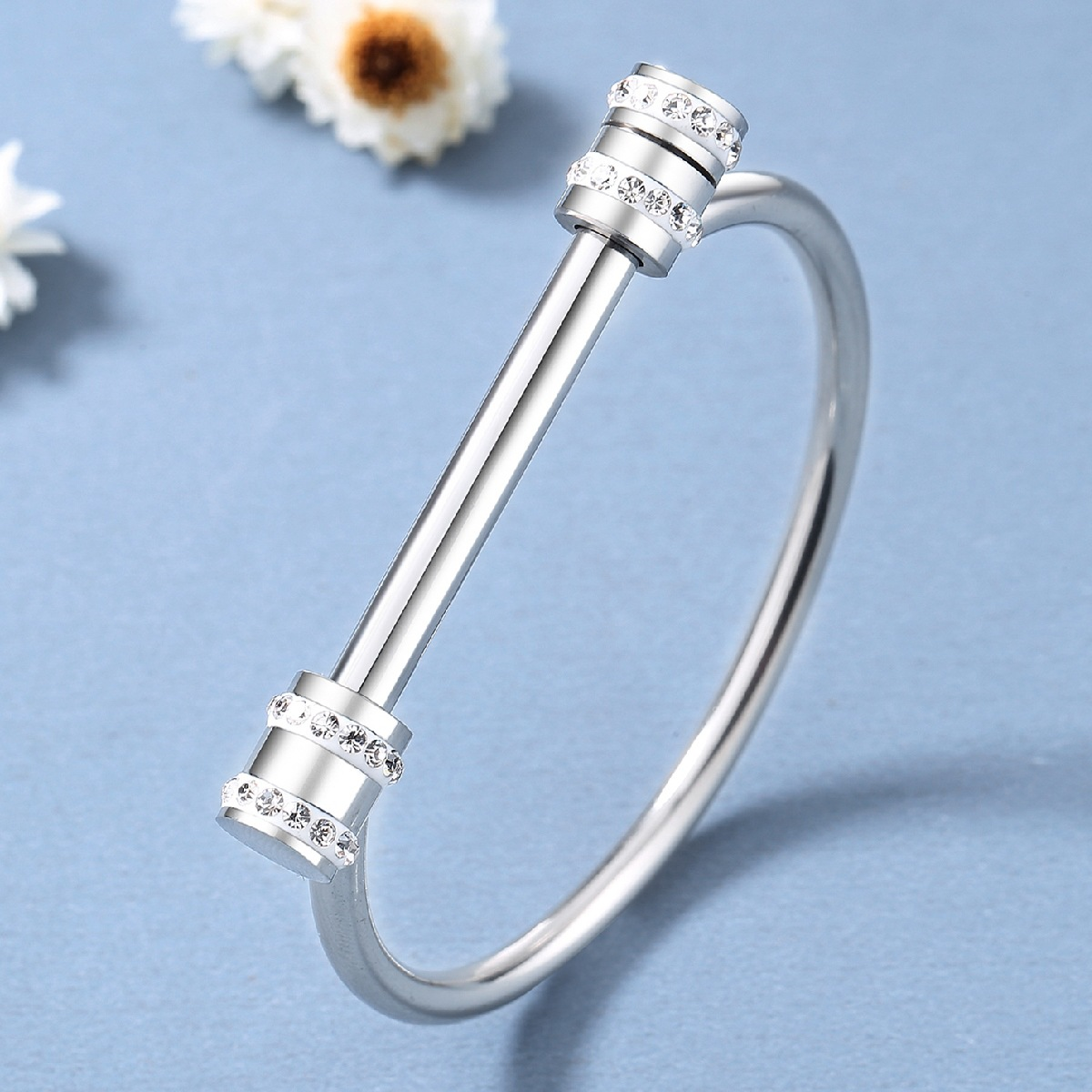 T-Bar Silver Bangle, Zircon Cuff Bangle, Silver Plated, Stainless Steel