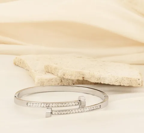 Layered Silver Zircon Bangle, Minimalist Gift for Her