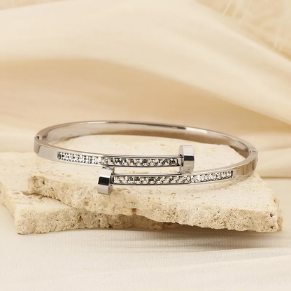 Layered Silver Zircon Bangle, Minimalist Gift for Her
