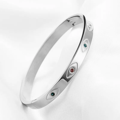 Evil Eye Multi Stone Silver Bangle, Protection Bangle, Stainless Steel