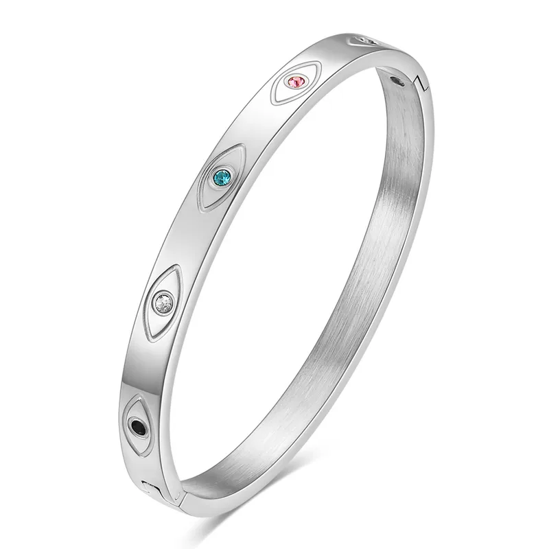 Evil Eye Multi Stone Silver Bangle, Protection Bangle, Stainless Steel