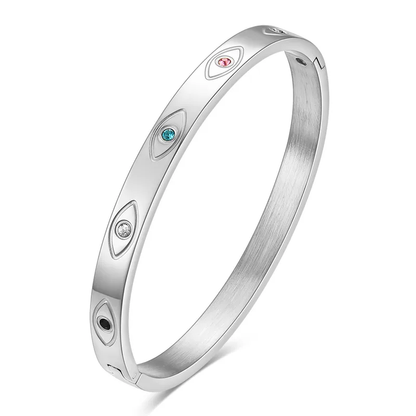 Evil Eye Multi Stone Silver Bangle, Protection Bangle, Stainless Steel