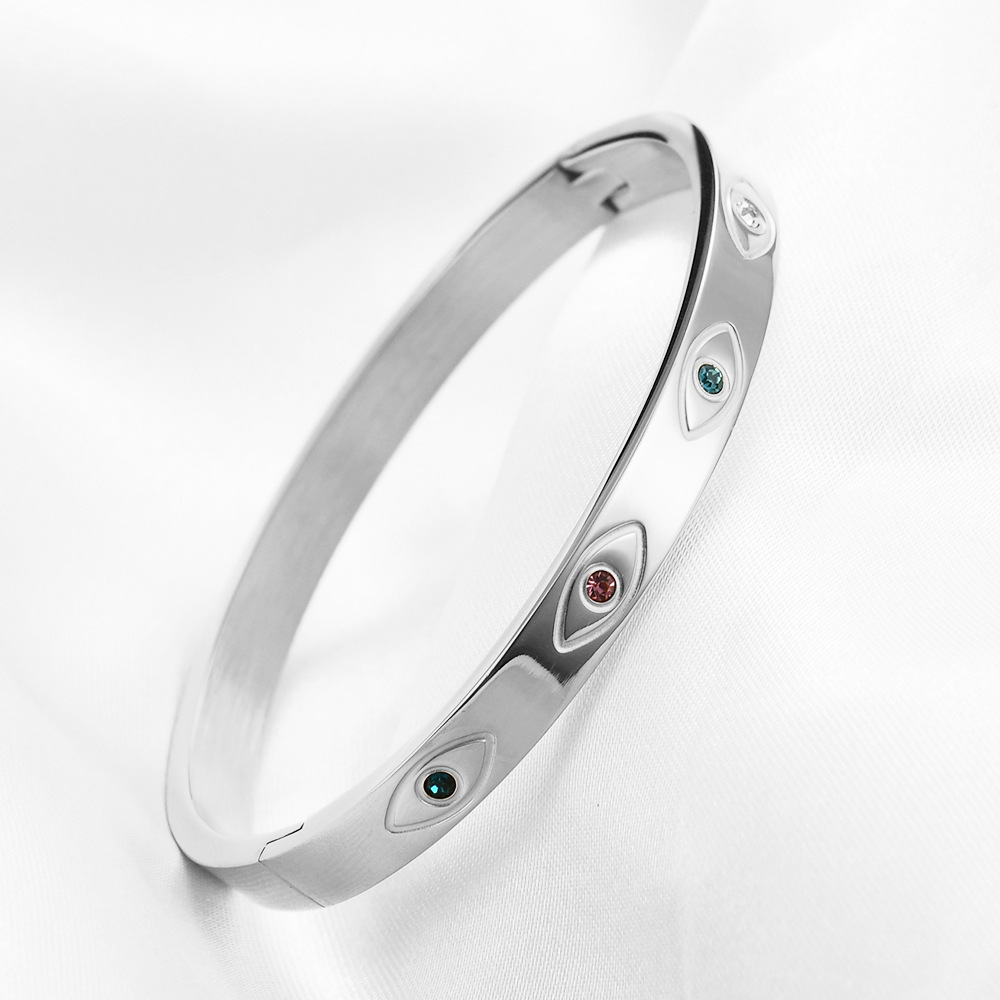 Evil Eye Multi Stone Silver Bangle, Protection Bangle, Stainless Steel