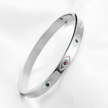 Evil Eye Multi Stone Silver Bangle, Protection Bangle, Stainless Steel