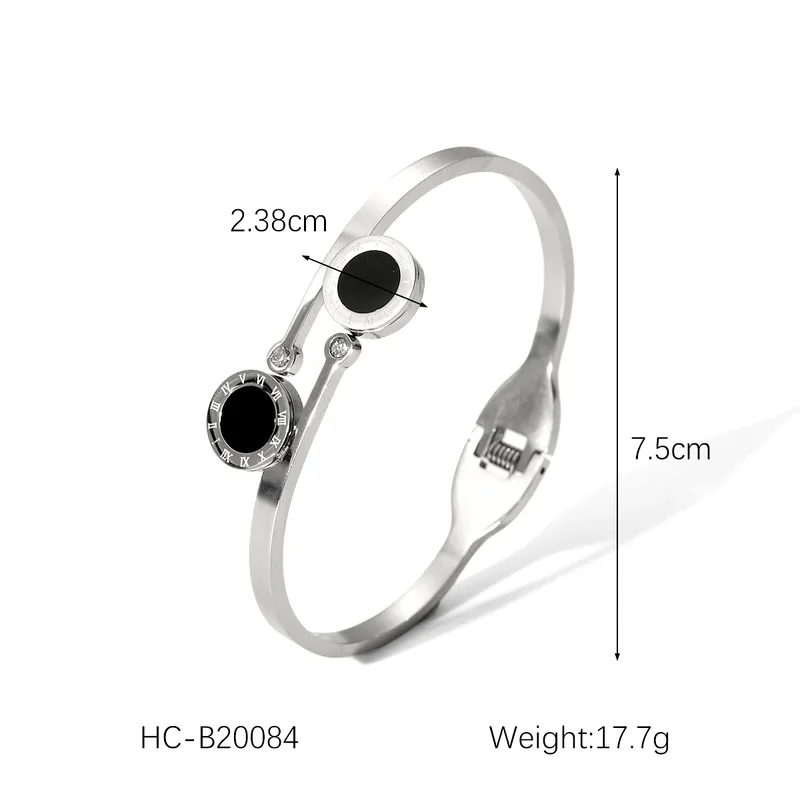 Roman Numeral Silver and Black Overlap Bangle, Stainless Steel, Waterproof
