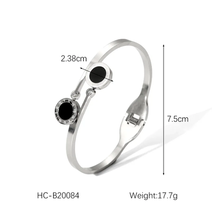 Roman Numeral Silver and Black Overlap Bangle, Stainless Steel, Waterproof