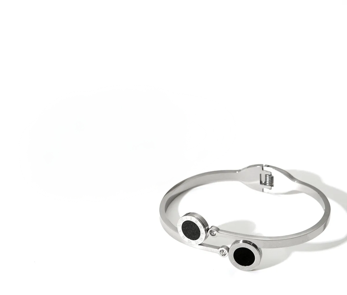 Roman Numeral Silver and Black Overlap Bangle, Stainless Steel, Waterproof