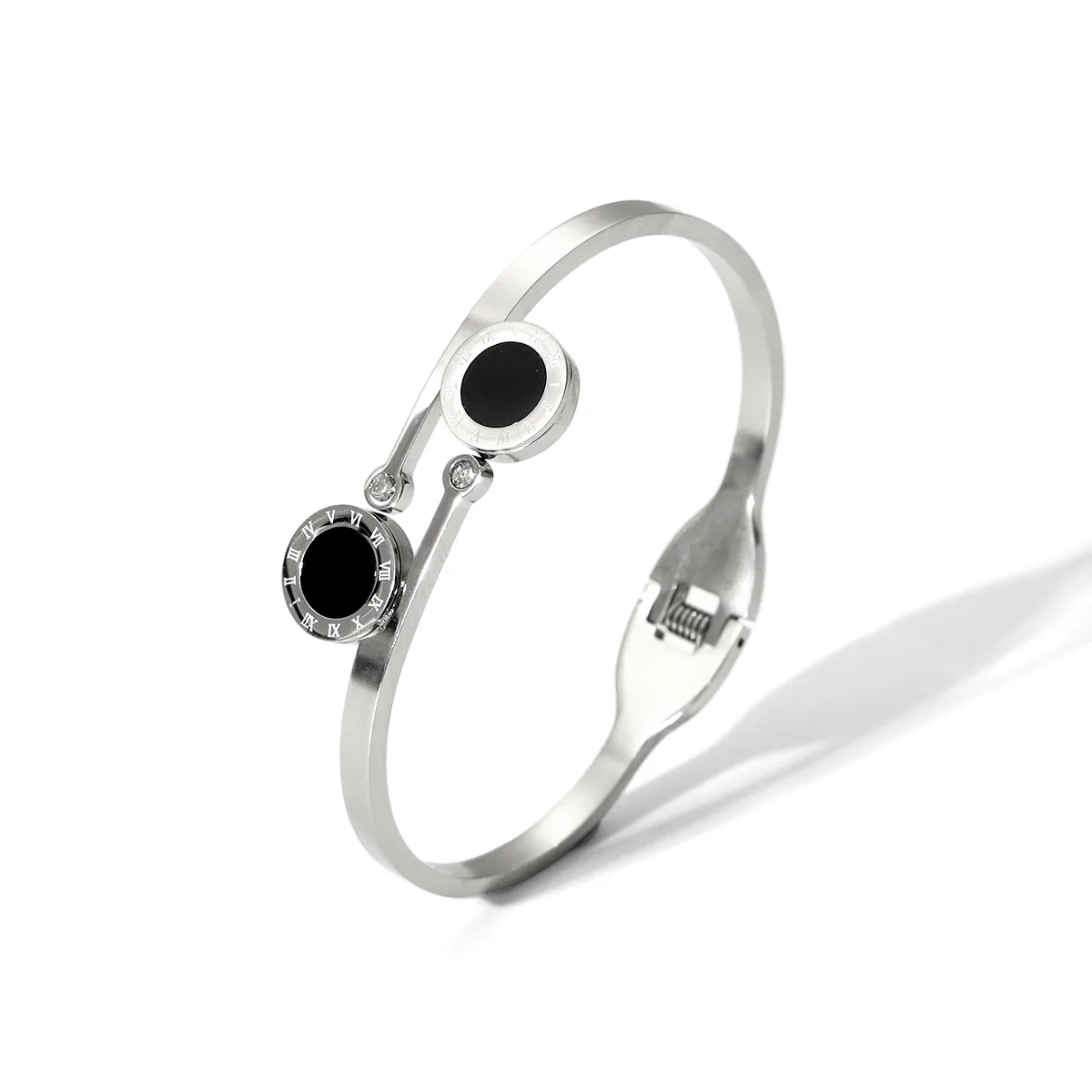 Roman Numeral Silver and Black Overlap Bangle, Stainless Steel, Waterproof
