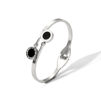 Roman Numeral Silver and Black Overlap Bangle, Stainless Steel, Waterproof