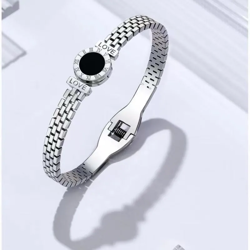 Roman Numeral Silver Love Bangle, Stainless Steel, Gift for Her
