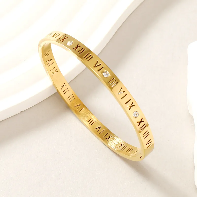 Wide Roman Numeral Gold Bangle, Stainless Steel, Tarnish Free