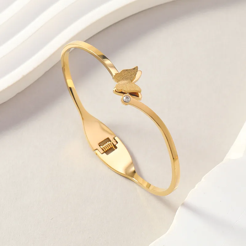 Butterfly Zircon Gold Bangle, Stainless Steel, Waterproof, Gift for Her