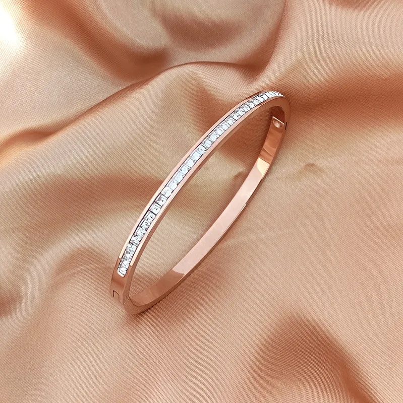 Rose Gold Zircon Paved Sleek Stacking Bangle, Stainless Steel
